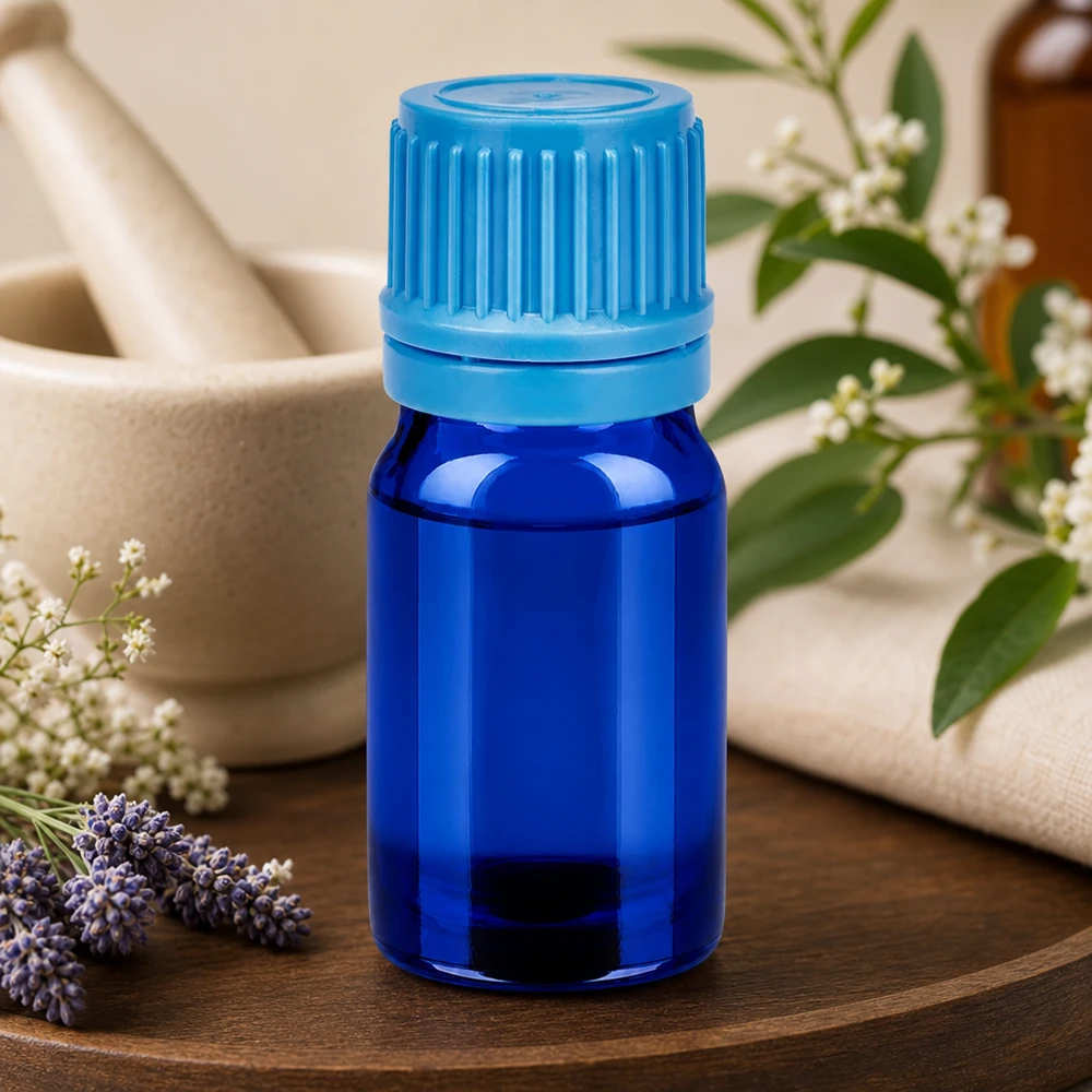 Frasco profesional de cristal BlueLine de 5 ml con tapón de 11 mm para aplicaciones de aromaterapia
