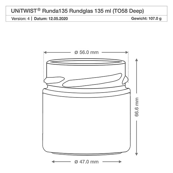 Tarro de cristal redondo de 135ml sin tapa (TO58deep) UNiTWIST UNiTWIST Runda135 vaso redondo 135ml TO58 Deep dibujo técnico con dimensiones 56mm diámetro 66.6mm altura