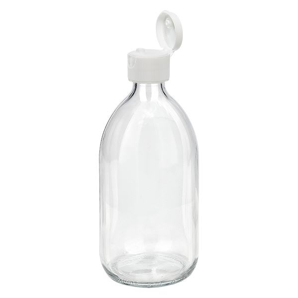 Frasco medicamento 500ml transparente, con tapón flip-top ApoGlas Frasco medicamento 500ml transparente, con tapón flip-top ApoGlas