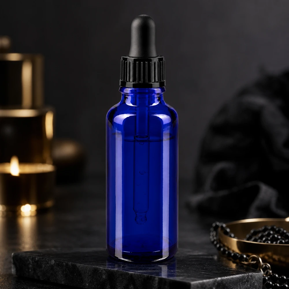 Botella de cristal azul de 30 ml con gotero negro, elegantemente presentada sobre una piedra de pizarra oscura