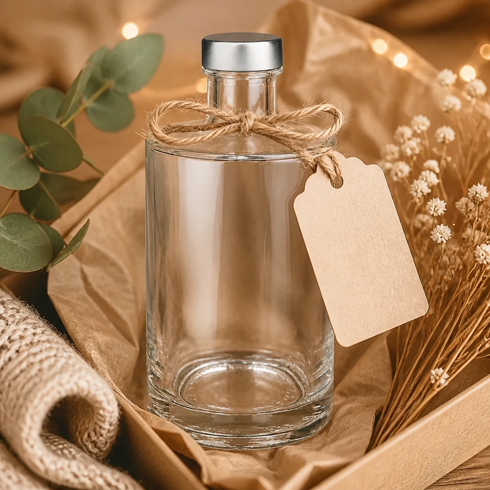 Botella de vidrio de 375 ml «Sam» y tapón de rosca plateado UNiTWIST® 375ml Glasflasche Sam dekorativ inszeniert mit Bastschleife und Geschenkanhänger in gemütlichem Wohnambiente