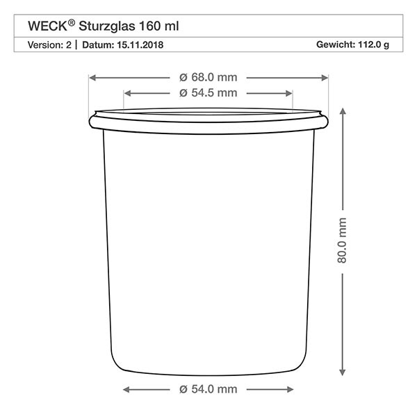 Vaso 160ml WECK RR60 con corcho natural WECK 160ml RR60 vasos dibujo técnico con dimensiones diámetro 68mm altura 80mm peso 112g