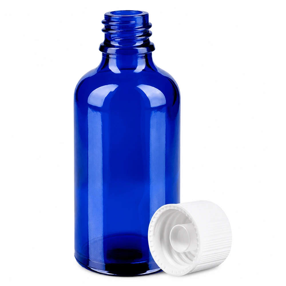 Frasco cuentagotas pequeño de 50 ml azul con tapón blanco para aceites esenciales y tinturas