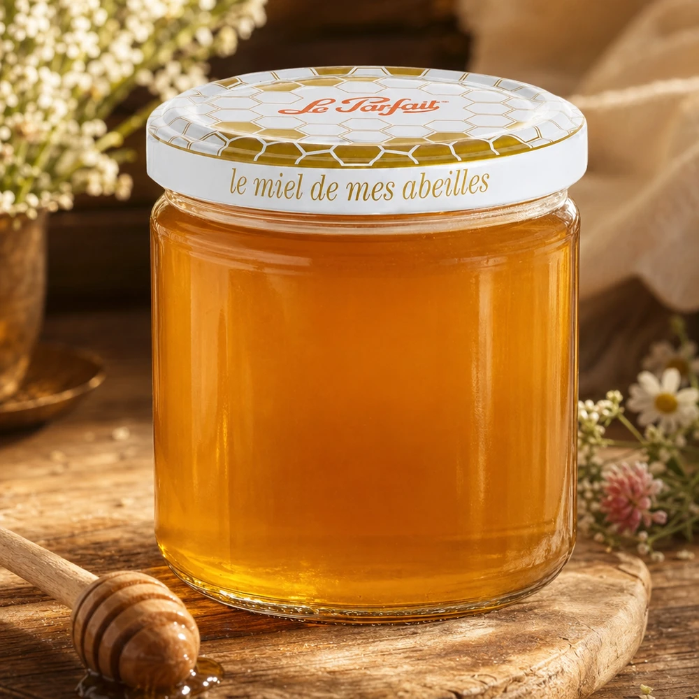 Le Parfait Tarro de miel 212ml lleno de miel dorada sobre una tabla de madera con cuchara de miel y flores
