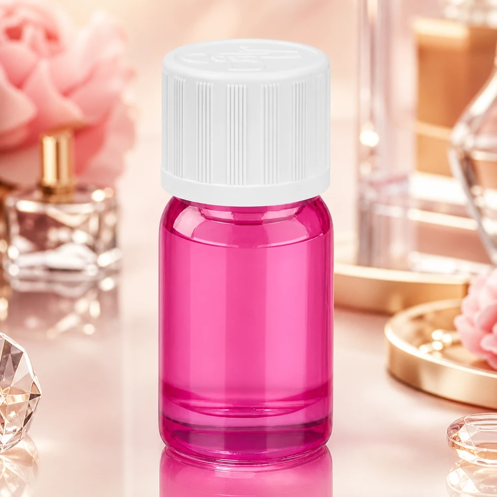 Frasco de vidrio de 5 ml a prueba de niños con tapón blanco de color morado para un almacenamiento seguro