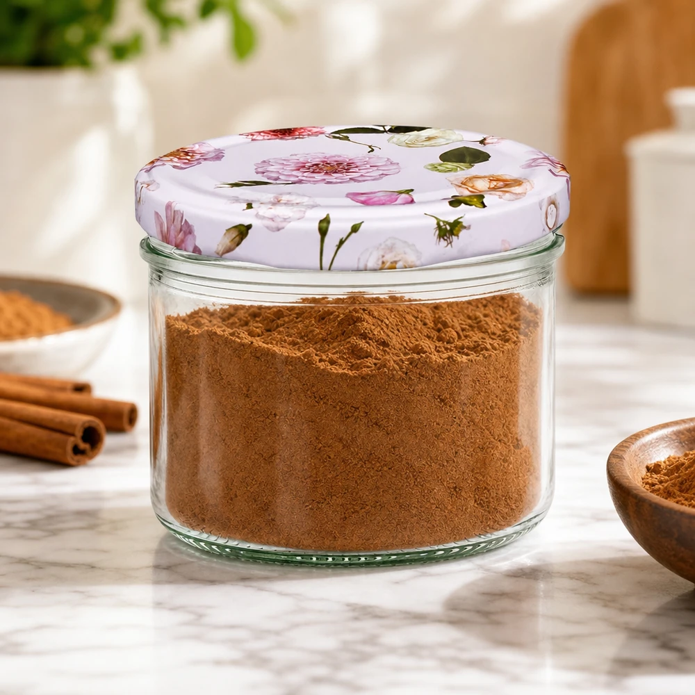 Tarro cilíndrico de 230 ml + tapa BasicSeal rosa flor Tarro de 230 ml con tapa de flor rosa relleno de canela - almacenamiento de especias en la cocina con palitos de canela