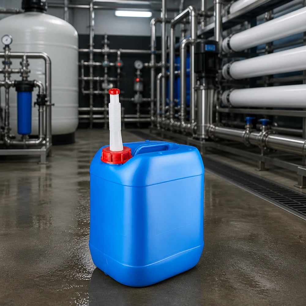 Bidón 20 litros azul con tubo de salida Flex Bidón apilable de 20 litros de HDPE azul con tubo de salida para instalaciones de tratamiento de agua