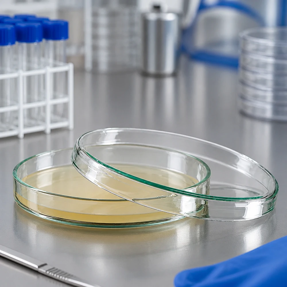 Dos placas de Petri de cristal de 100 x 15 mm con agar nutritivo amarillo sobre una mesa de acero inoxidable en el laboratorio