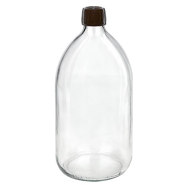 Frasco medicamento 1000ml transparente, tapón marrón con precinto de seguridad ApoGlas Frasco medicamento 1000ml transparente, tapón marrón con precinto de seguridad ApoGlas