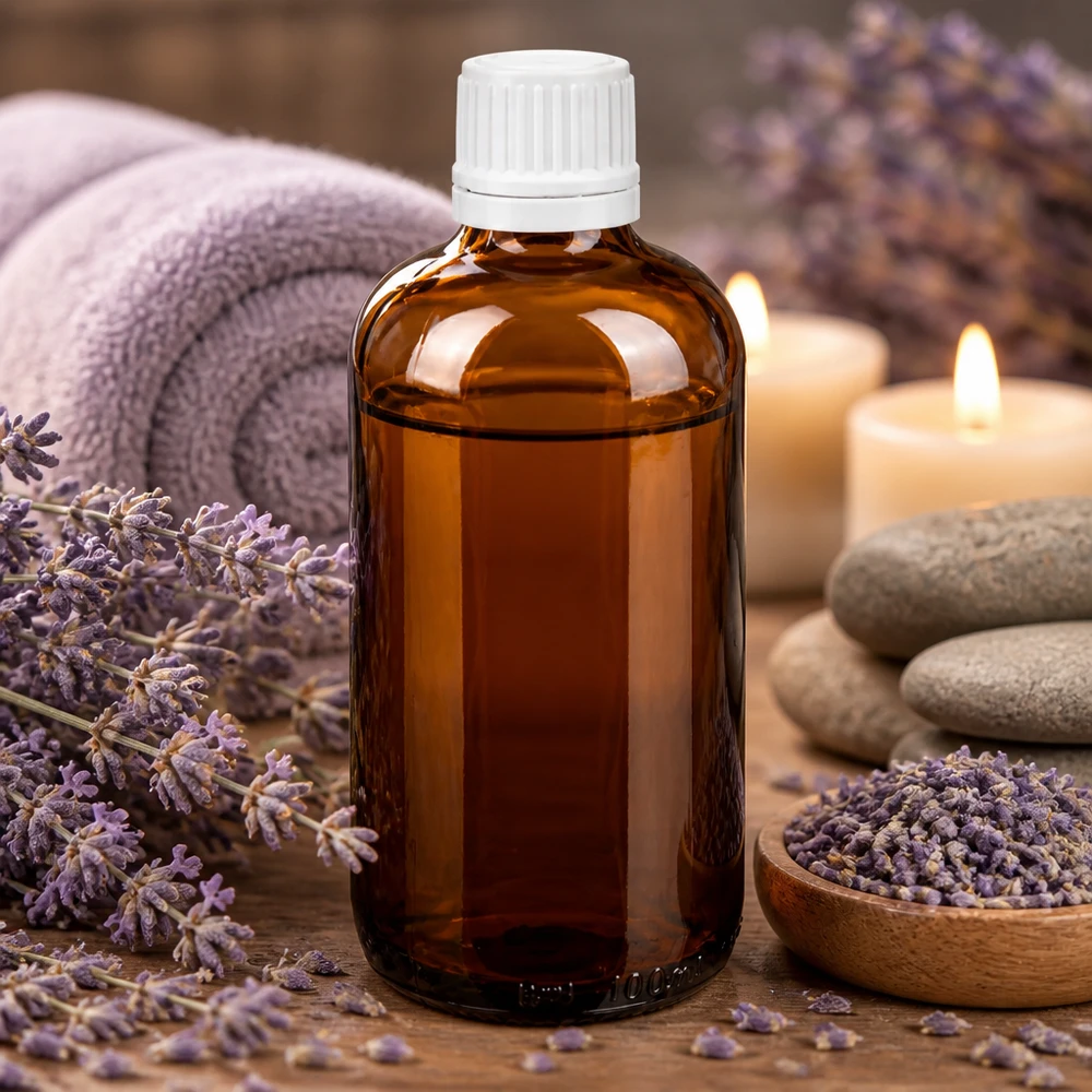 Frasco de cristal de 100 ml de color ámbar con tapón cuentagotas blanco, rodeado de flores de lavanda y velas