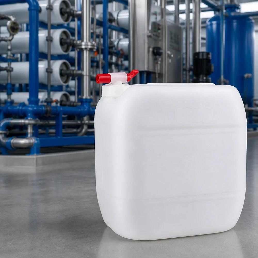 Bidón industrial de 30 litros con grifo de salida rojo delante de una planta de tratamiento de aguas azul
