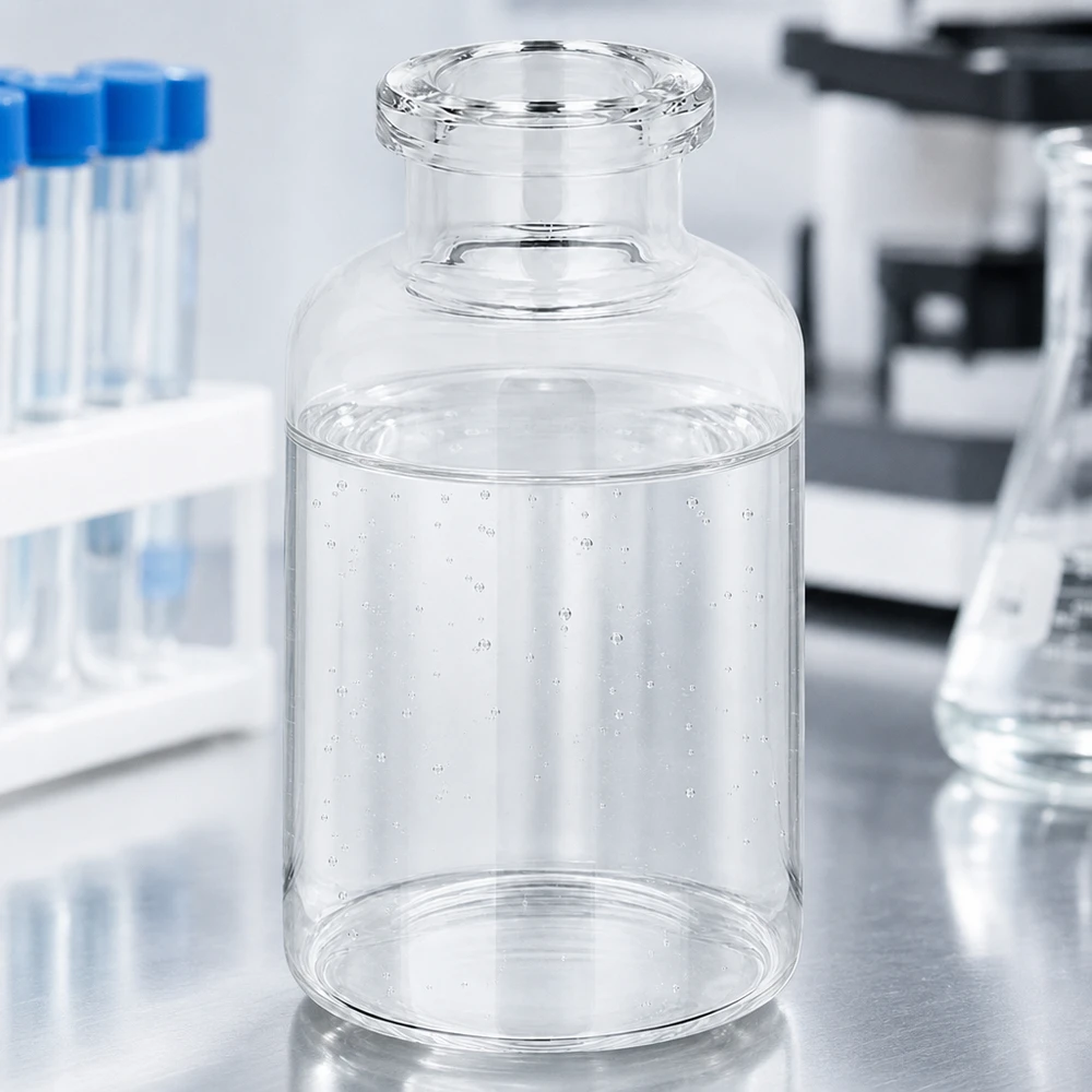 Frasco de inyección de vidrio transparente 20ml Glasbehälter 20ml für Injektionspräparate mit Mikroskop und Reagenzgläsern im Hintergrund