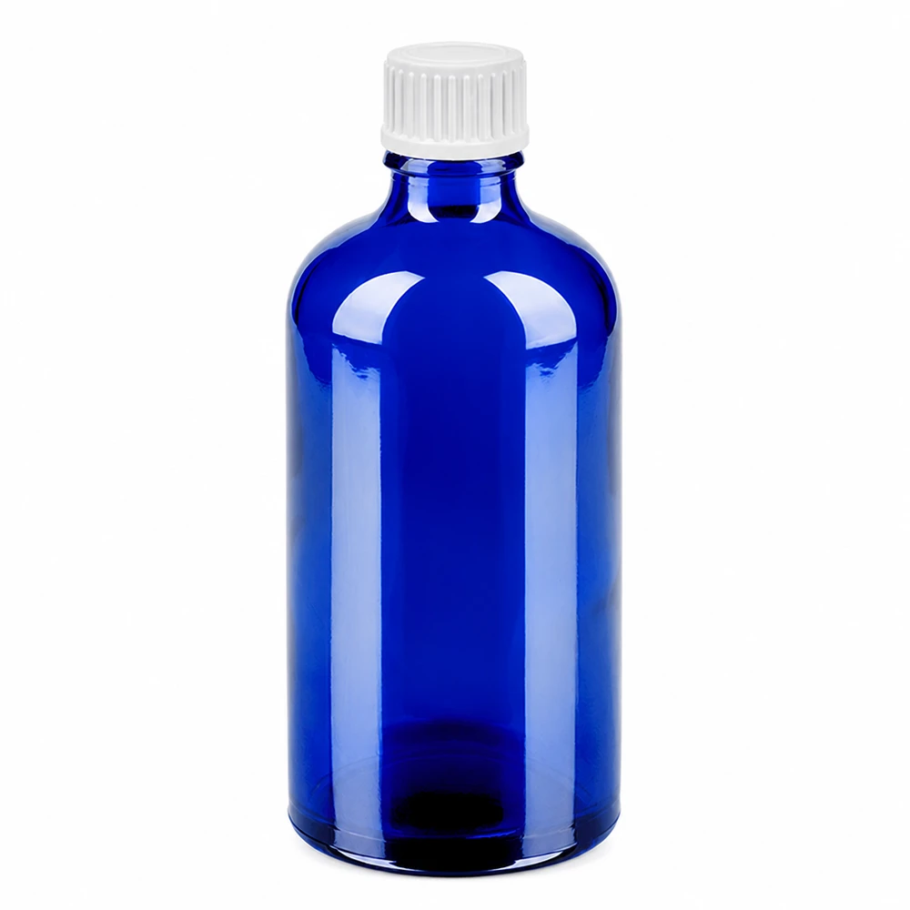 Frasco cuentagotas de 100 ml con cierre estándar blanco de 0,9 mm BlueLine UT18/100 Frasco de vidrio azul de 100 ml con tapón cuentagotas blanco de 0,9 mm para una dosificación precisa BlueLine