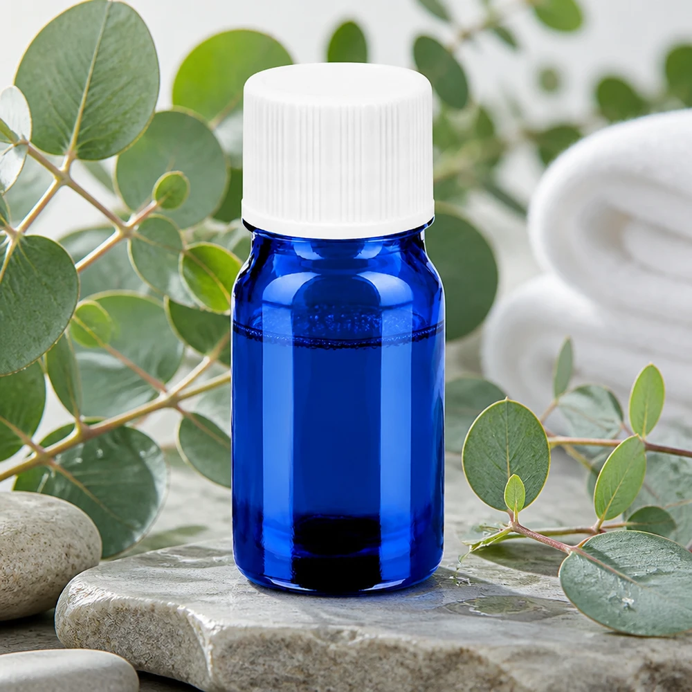 Botella de cristal BlueLine de 5 ml con tapón blanco antigoteo para un almacenamiento seguro de los aceites