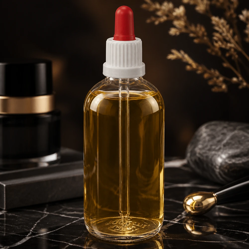 Frasco pipeta 100ml blanco/rojo cierre inviolable ClearLine UT18/100 Aceite de color amarillo dorado en un frasco de cristal ClearLine de 100 ml con tapón de pipeta blanco y bola de goma roja