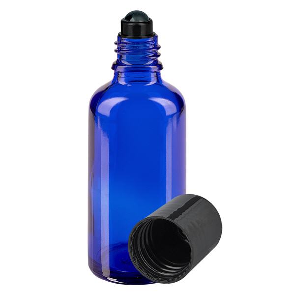 Botella de farmacia azul 50ml tapón roll-on negro Botella de farmacia azul 50ml tapón roll-on negro