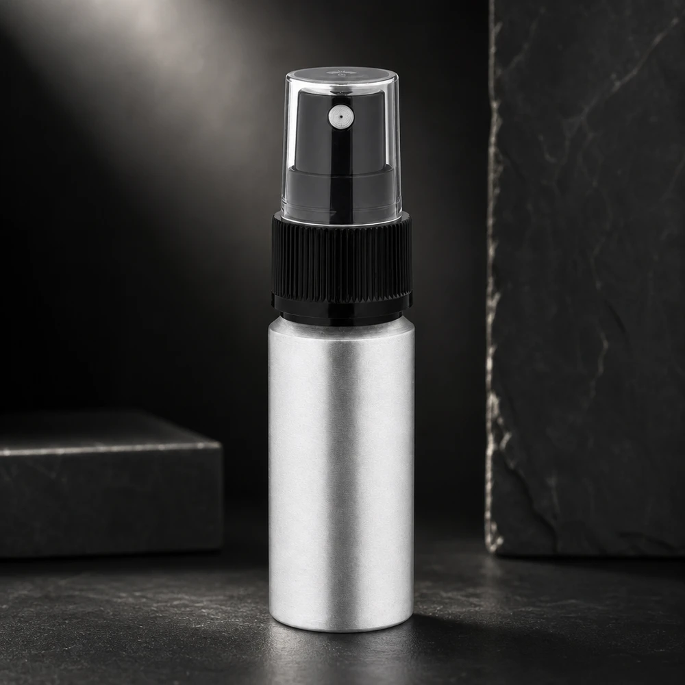 Elegante frasco pulverizador de aluminio de 20 ml con aspecto teñido y tapón protector transparente