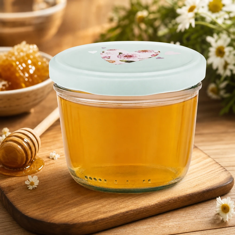 Vasos de 230 ml + tapa BasicSeal corazón menta UNiTWIST Miel en tarro de 230 ml con tapa BasicSeal corazón de menta, tarro de miel sobre tabla de madera con cuchara de miel y flores