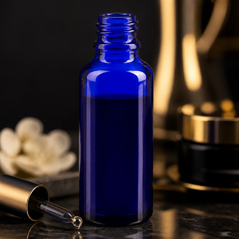 Elegante frasco de farmacia ApoGlas de 30 ml en azul cobalto, sin tapón, sobre una superficie de mármol oscuro