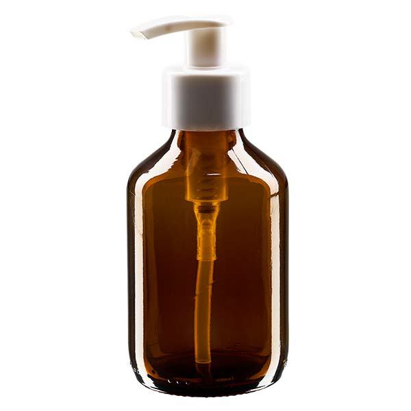 Frasco para medicamentos de 150ml marrón, con bomba dispensadora blanca ApoGlas. Frasco para medicamentos de 150ml marrón, con bomba dispensadora blanca ApoGlas.