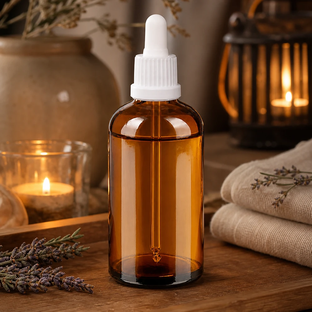 Frasco boticario de vidrio ámbar de 100 ml con pipeta para aplicaciones de aromaterapia