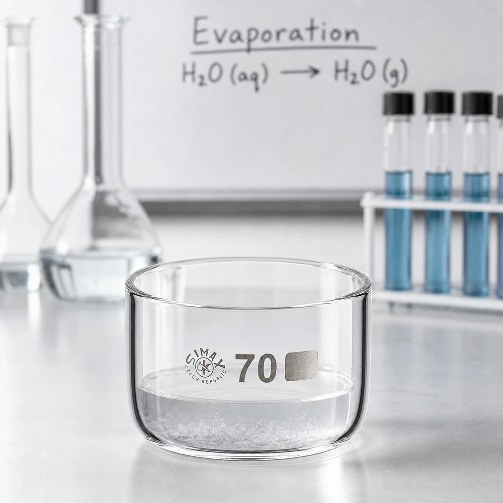Cristalizador 100ml sin pico borosilicato ø70mm Recipiente de cristalización de 100 ml de vidrio borosilicato con cristales de sal blancos sobre una mesa de laboratorio durante un experimento de evaporación