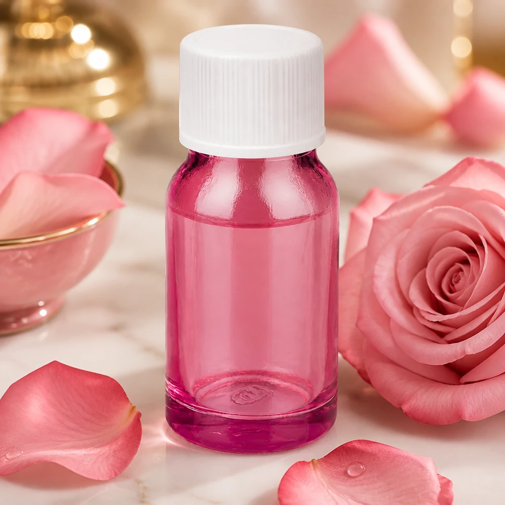 Frasco morado de 10 ml con abertura de 11 mm y tapón blanco estándar para agua de rosas y perfumes