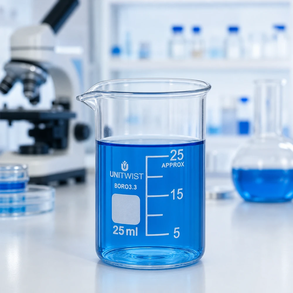 Vaso 25ml borosilicato, molde bajo UNiTWIST Vaso de precipitados UNiTWIST de 25 ml, de forma baja, con un líquido azul en el laboratorio, sobre una encimera blanca