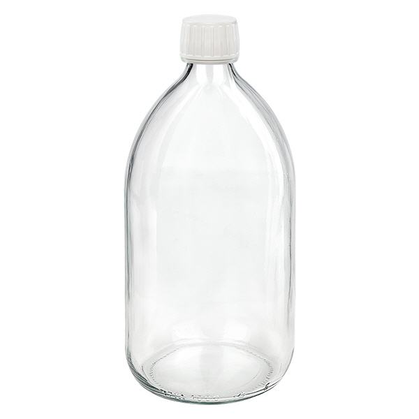 Frasco transparente para medicamentos de 1000ml, tapón blanco con precinto de seguridad ApoGlas Frasco transparente para medicamentos de 1000ml, tapón blanco con precinto de seguridad ApoGlas
