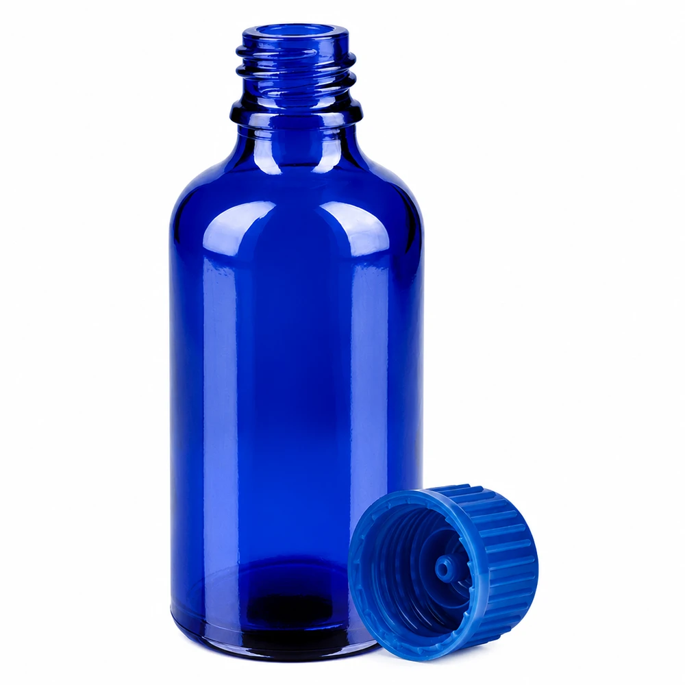 Frasco 50ml 11mm tapón rosca azul estándar BlueLine UT18/50 Frasco de vidrio azul de 50 ml con rosca de 11 mm y tapón de rosca a juego para un almacenamiento seguro