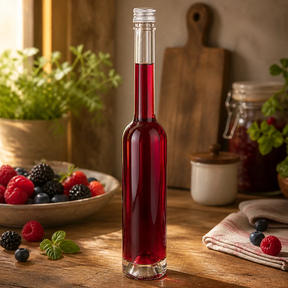 Botella de vidrio de 100 ml «Toni» sin tapón de rosca UNiTWIST® Botella de cristal Toni de 100 ml con tapón de rosca plateado - ideal para licores de bayas rojas y extractos de frutas