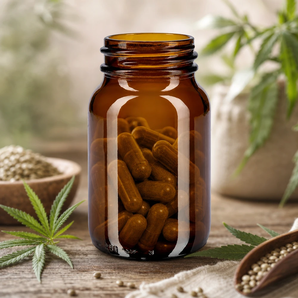 Frasco de cuello ancho de 250 ml fabricado en resistente vidrio ámbar para el almacenamiento seguro de complementos alimenticios