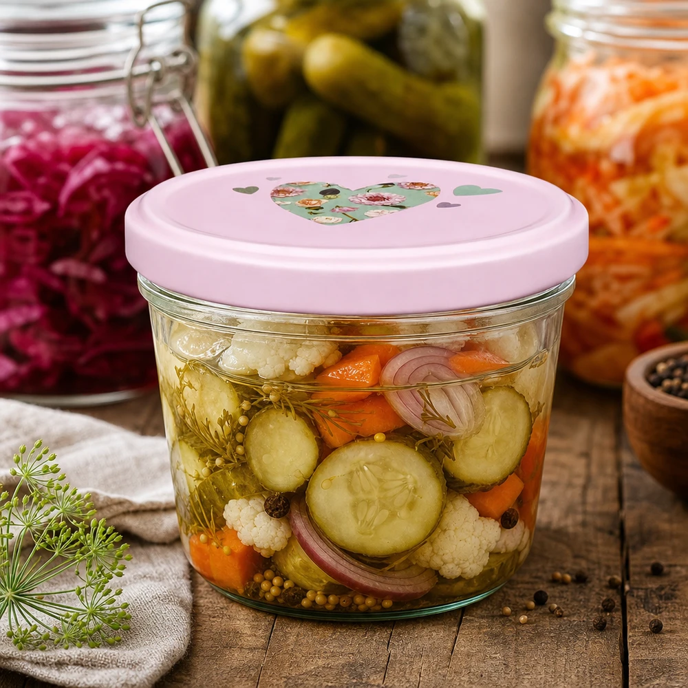 Vasos de 230 ml + tapa BasicSeal rosa corazón UNiTWIST Sturzglas 230ml mit rosa Herz-Deckel für eingelegtes Gemüse Mixed Pickles Gurken Karotten Blumenkohl fermentieren