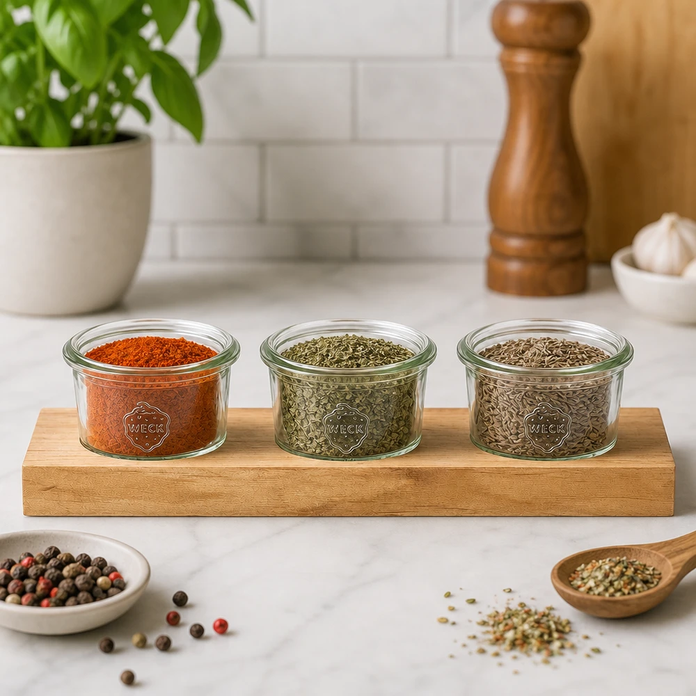 Tabla de servir Plano3 con vasos Weck de 80 ml para especias y hierbas en una encimera de cocina de mármol