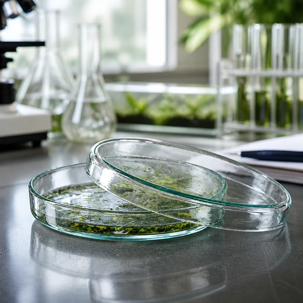 Dos placas de Petri de cristal de 90 x 15 mm con cultivos de plantas verdes sobre una mesa de laboratorio junto a unos matraces de Erlenmeyer