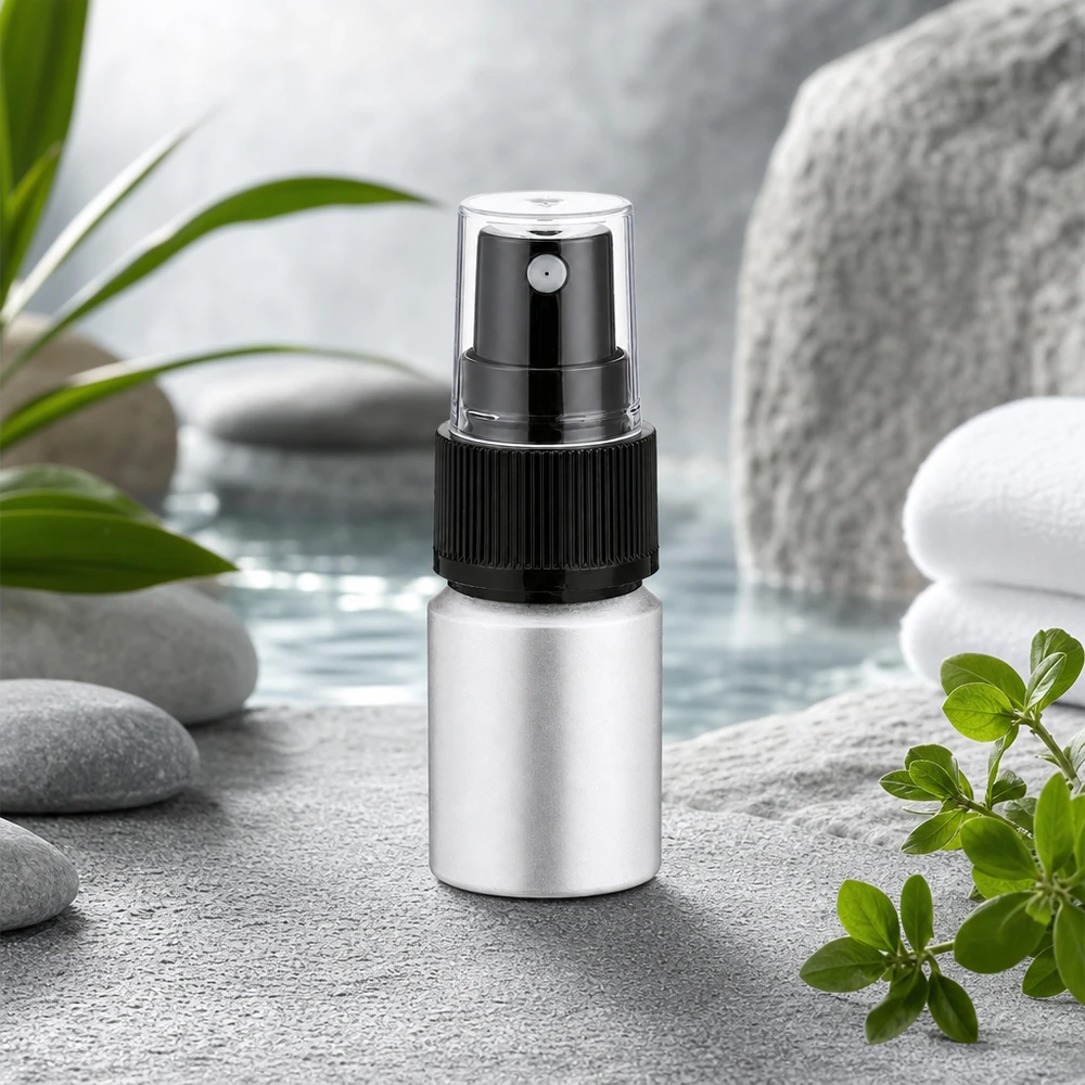 Frasco compacto de aluminio de 10 ml con atomizador negro ideal para llevar de viaje y en el bolso