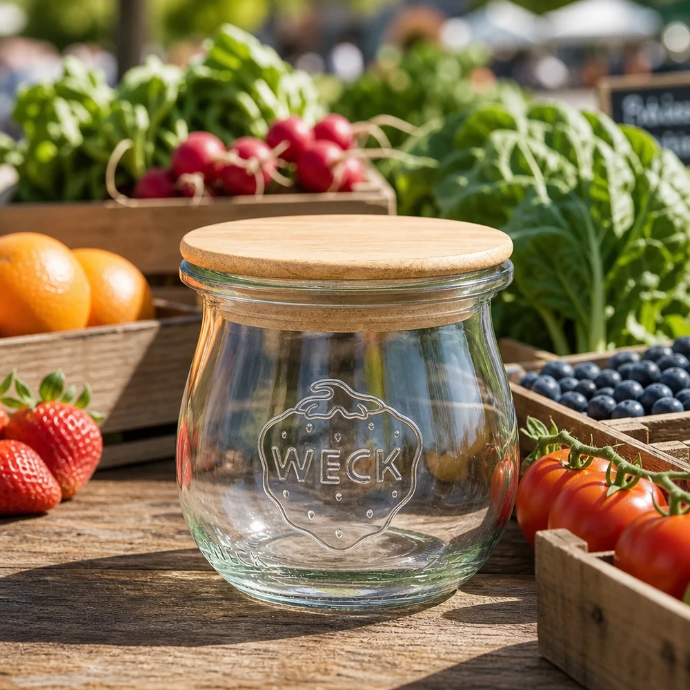 Tarro de tulipán de 75ml WECK RR40 con tapa de madera WECK Tulpenglas 75ml mit Holzdeckel zwischen frischen Marktgemüse und Obst stilvolle Küchendeko Vorratsglas