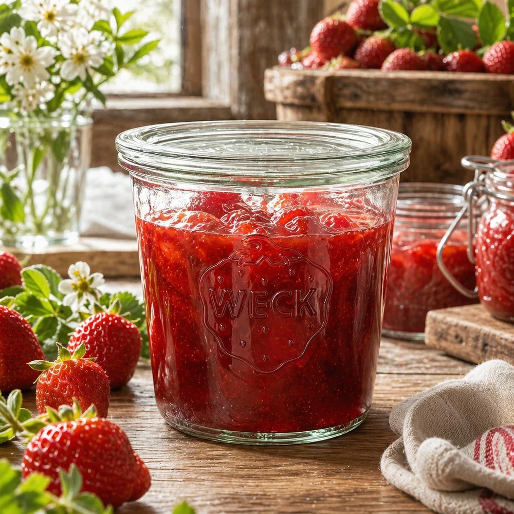 Tarro de cristal de 580 ml con tapa de cristal WECK RR100 Tarro de conserva WECK 580ml lleno de mermelada de fresa en cocina rústica con fresas frescas y flores