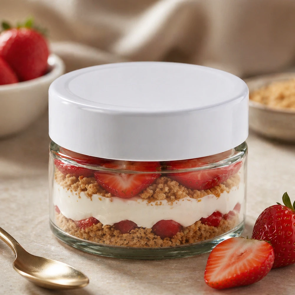 Tarro redondo blanco BasicSeal de 130 ml relleno de postre de fresas en capas - tarro de cristal para postres dulces