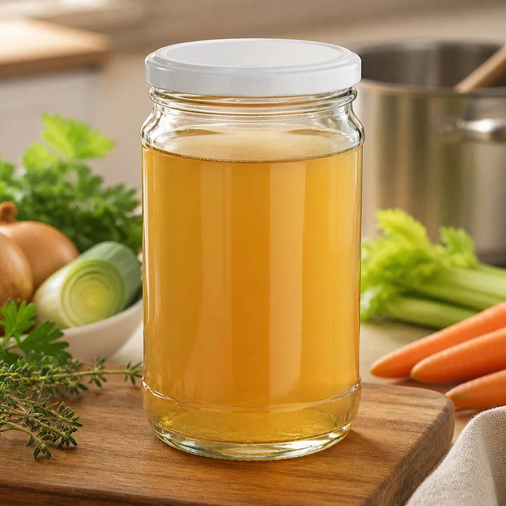 Vaso redondo UNiTWIST de 370 ml con tapa BasicSeal blanca, lleno de caldo dorado, sobre una tabla de madera con verduras