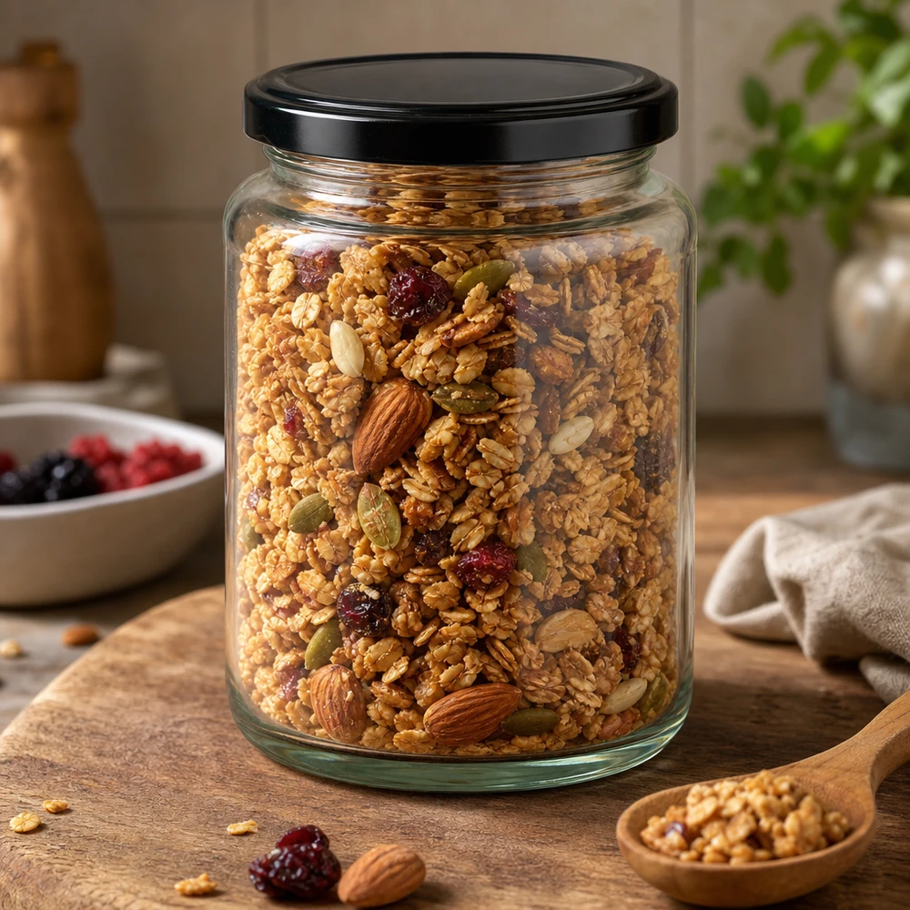 Tarro redondo de 382ml BasicSeal negro relleno de muesli frutos secos tarro de almacenaje cocina