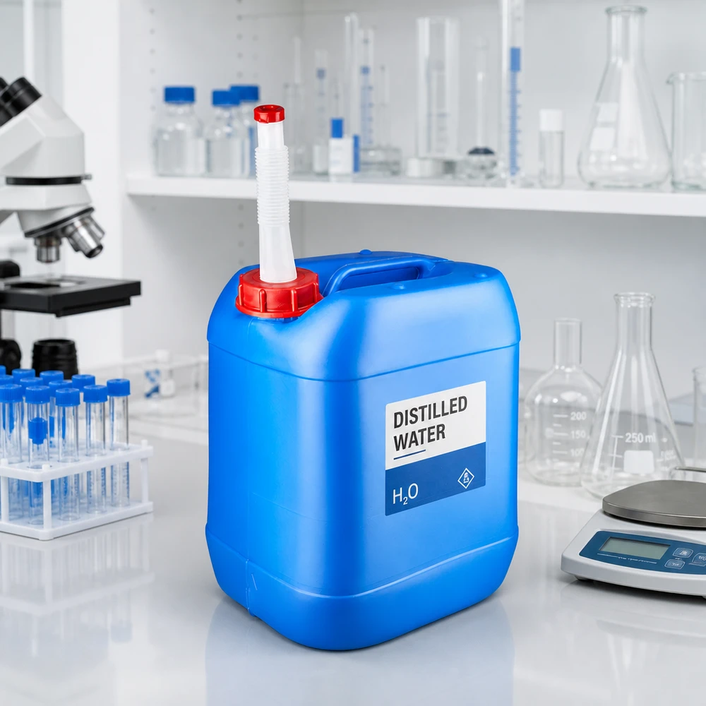 Bidón azul de 20 litros con tubo de salida flexible para agua destilada en el ámbito de laboratorio