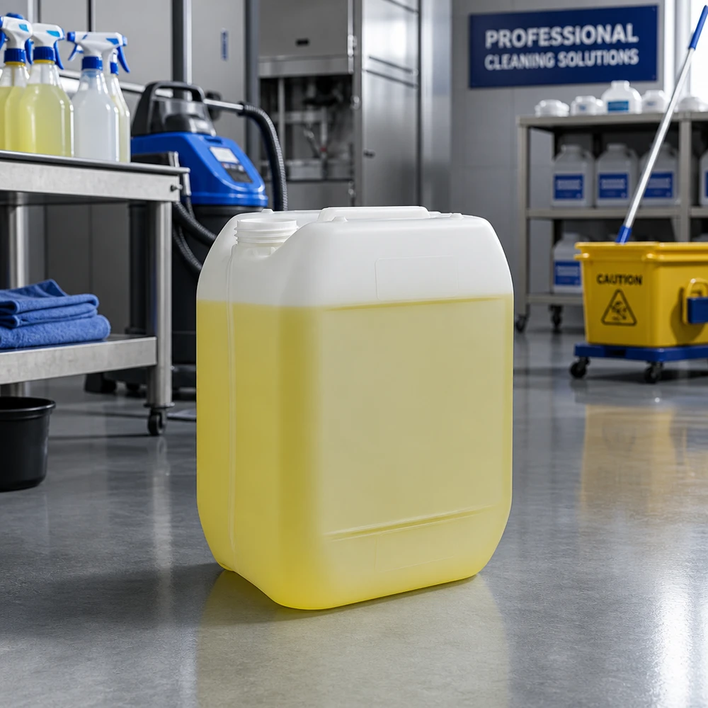 Bidón 10 litros sin tapón Bidón amarillo de detergente de 10 litros sin tapón en un entorno de limpieza profesional
