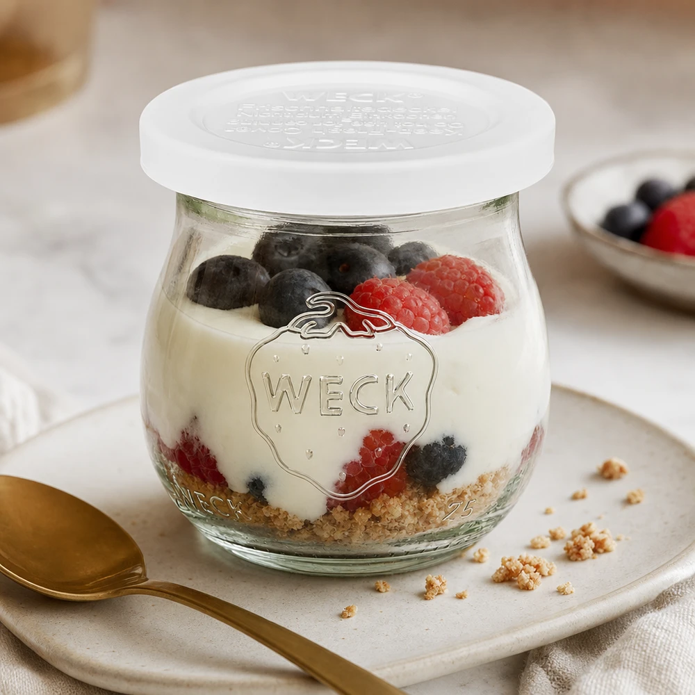 Tarro tulipán de 75ml con tapa de frescor WECK RR40 WECK tarro tulipán 75ml RR40 con yogur bayas y granola como postre en plato blanco con cuchara dorada