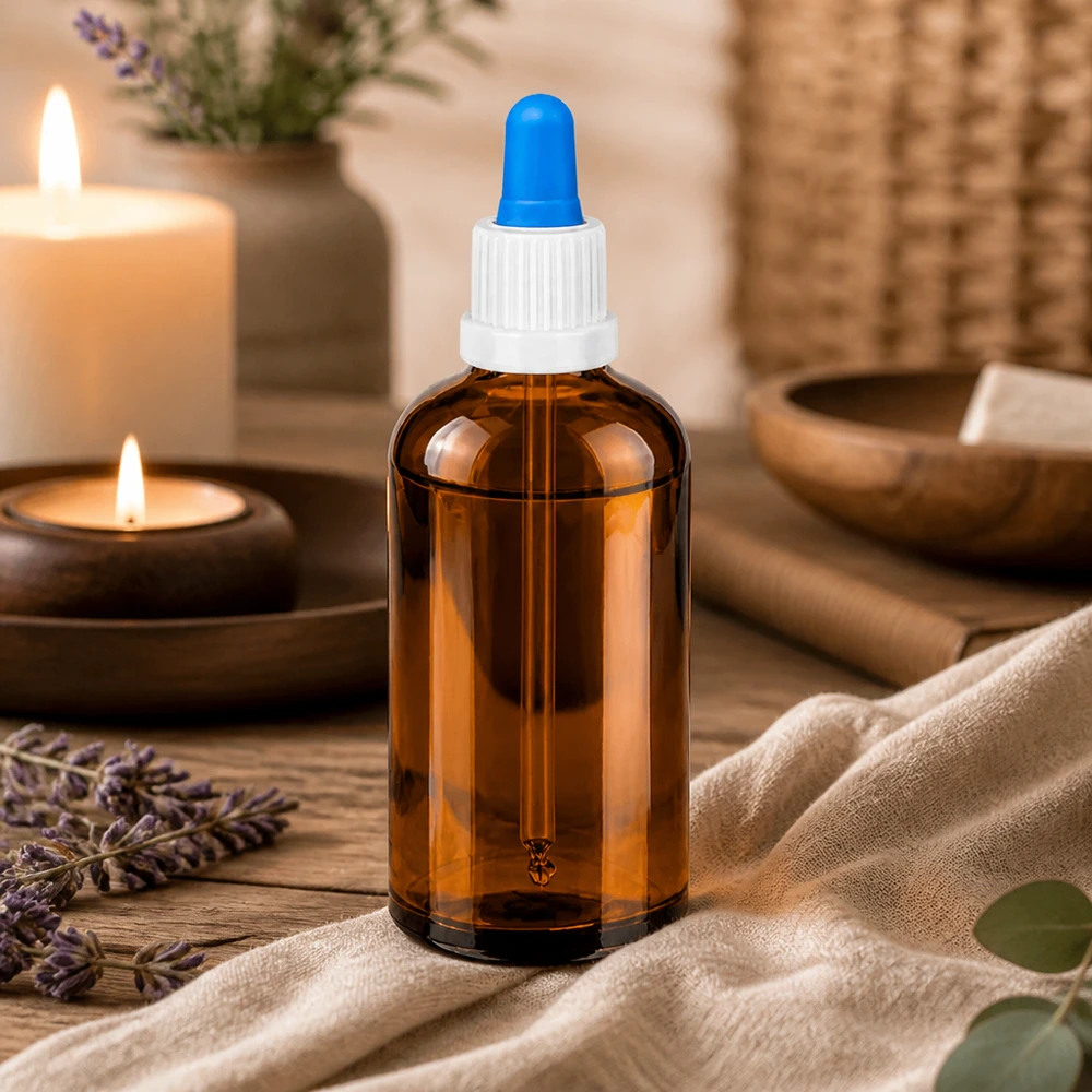 Frasco pequeño de vidrio ámbar de 100 ml con pipeta cuentagotas ideal para porcionar líquidos con precisión