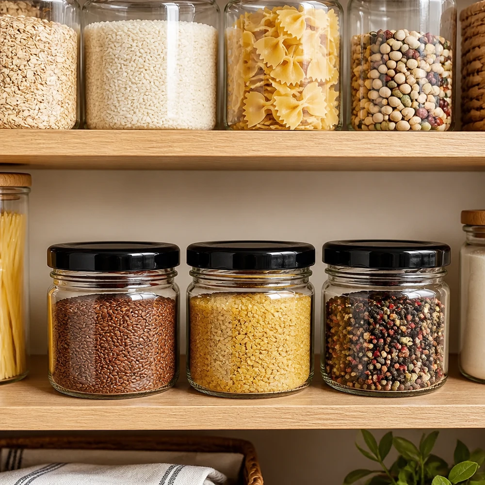 Pequeños frascos de especias de 33 ml con tapa negra, llenos de semillas de lino, bulgur y pimienta, en la estantería