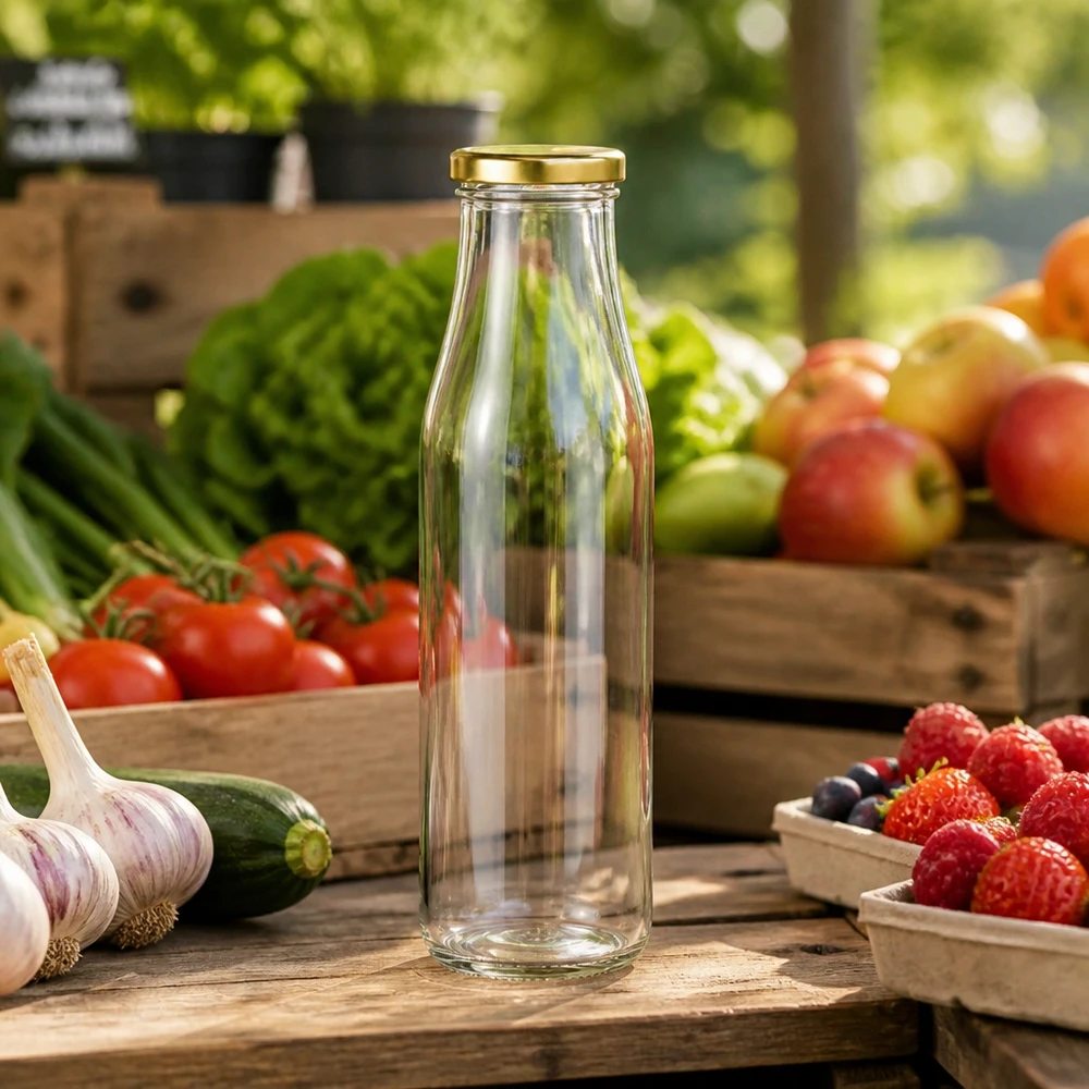 500ml botella de vidrio vacía BasicSeal tapa de oro entre las verduras frescas de frutas sobre mesa de madera ambiente de puesto de mercado