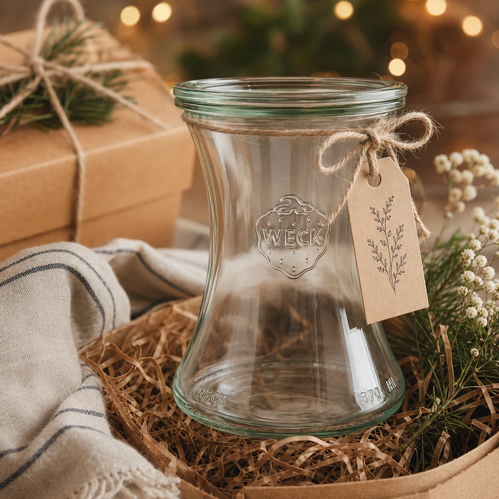Tarro de cristal para productos delicados de 370 ml con tapa de cristal WECK RR80 Tarro delicatessen WECK 370ml RR80 de regalo con etiqueta de papel kraft en decoración rústica navideña