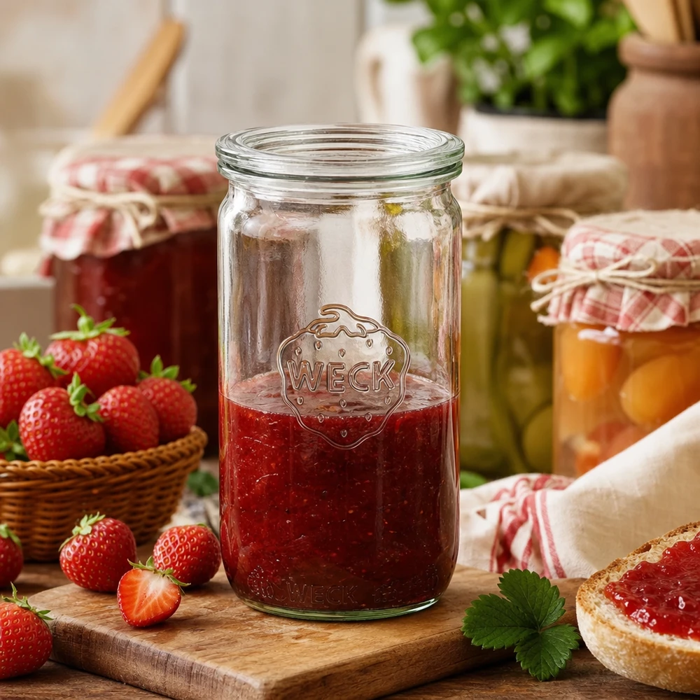 Tarro cilíndrico RR60 de 340 ml WECK lleno de mermelada de fresa en una cocina rústica con fresas frescas y pan