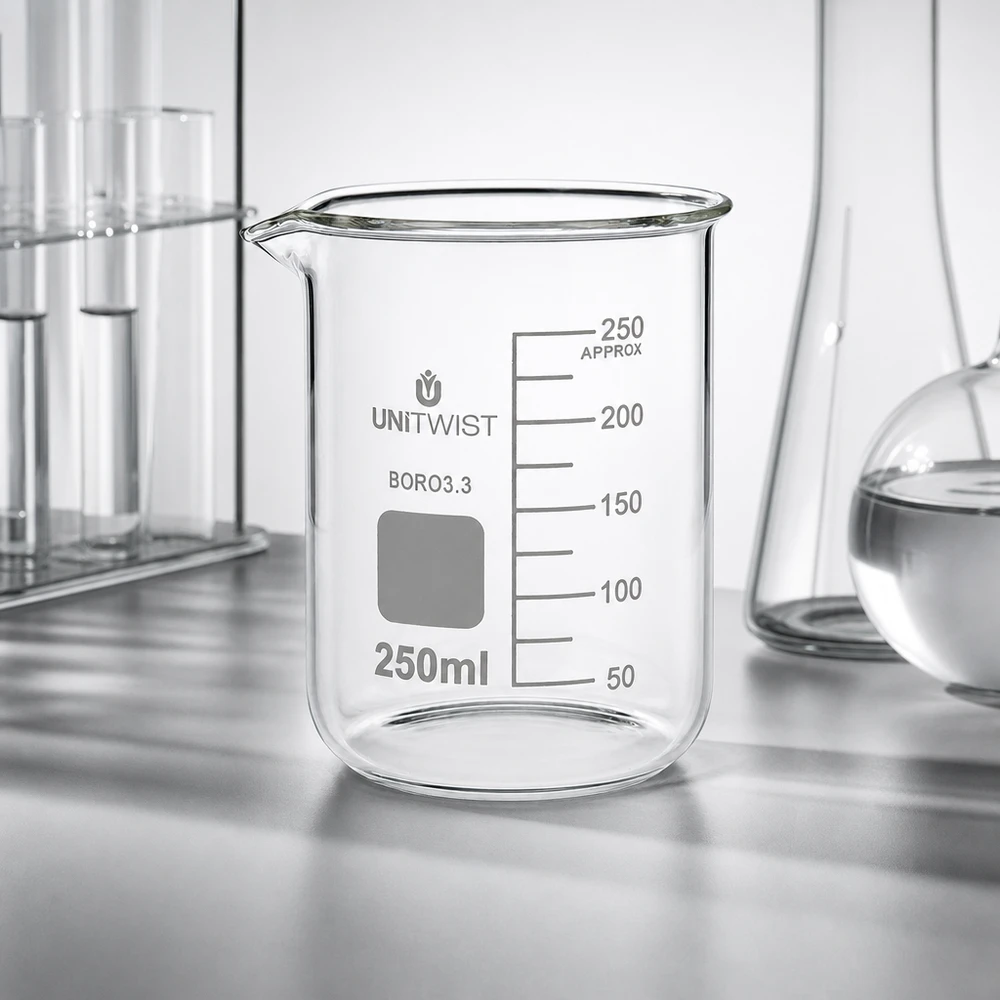 Vaso de precipitados vacío de 250 ml, de perfil bajo, fabricado en vidrio borosilicato 3.3 transparente de UNiTWIST